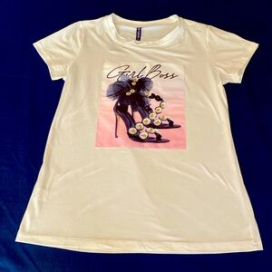 NWOT Emme Jordan White Satin Appliqué GIRL BOSS Stiletto Print w/ Gold Beads XL